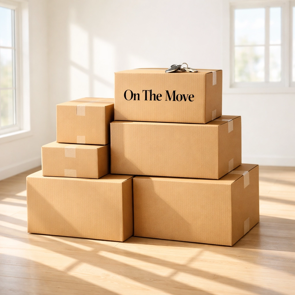Stacked moving boxes and house keys in a sunlit room by affordable movers near me in Ajax.