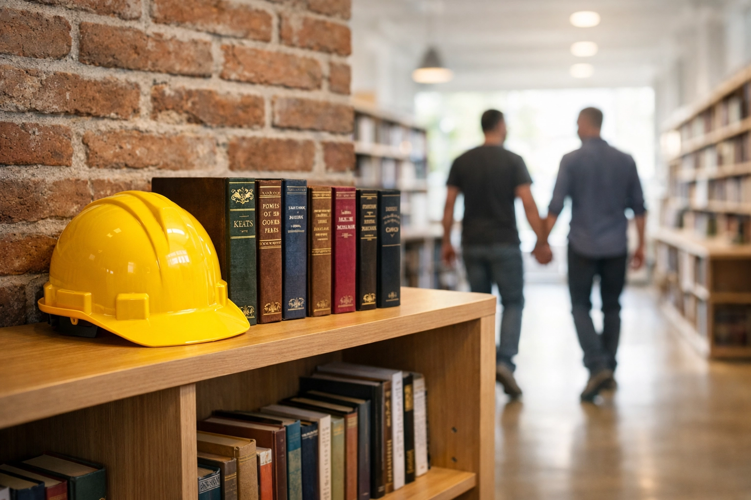 A finished library bookshelf with a hard hat symbolizing the love between a builder and a librarian.