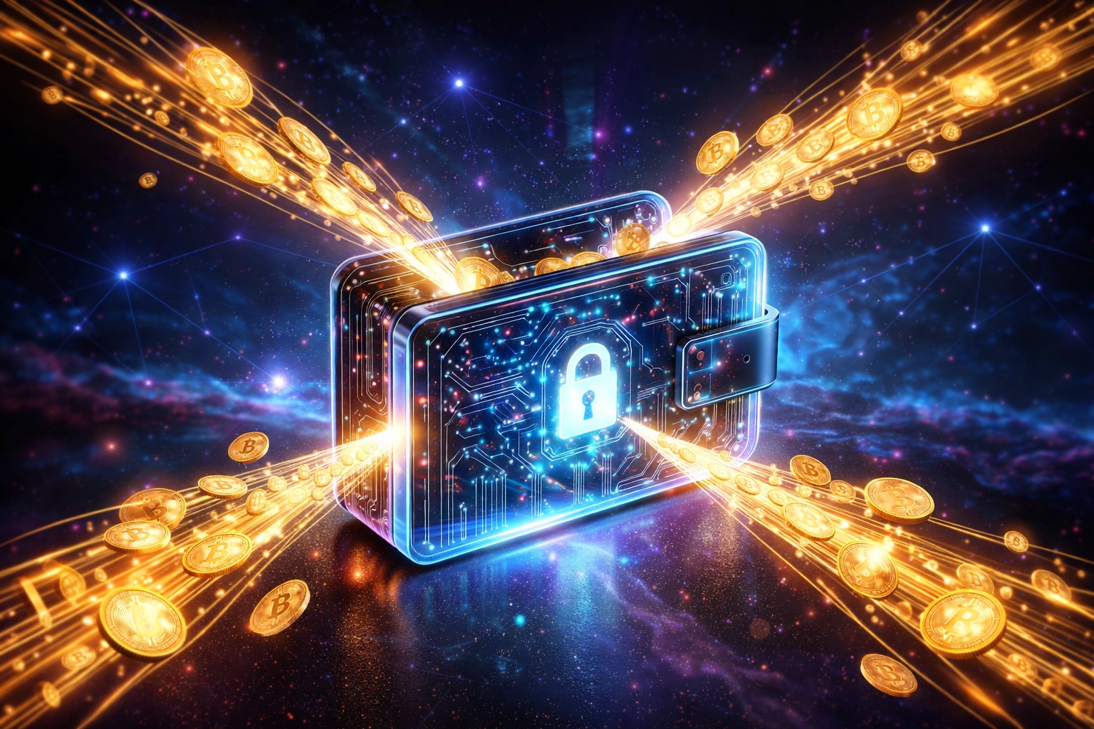 Digital wallet in space receiving streams of cryptocurrency coins, representing self-custody crypto payment solutions for merchants.