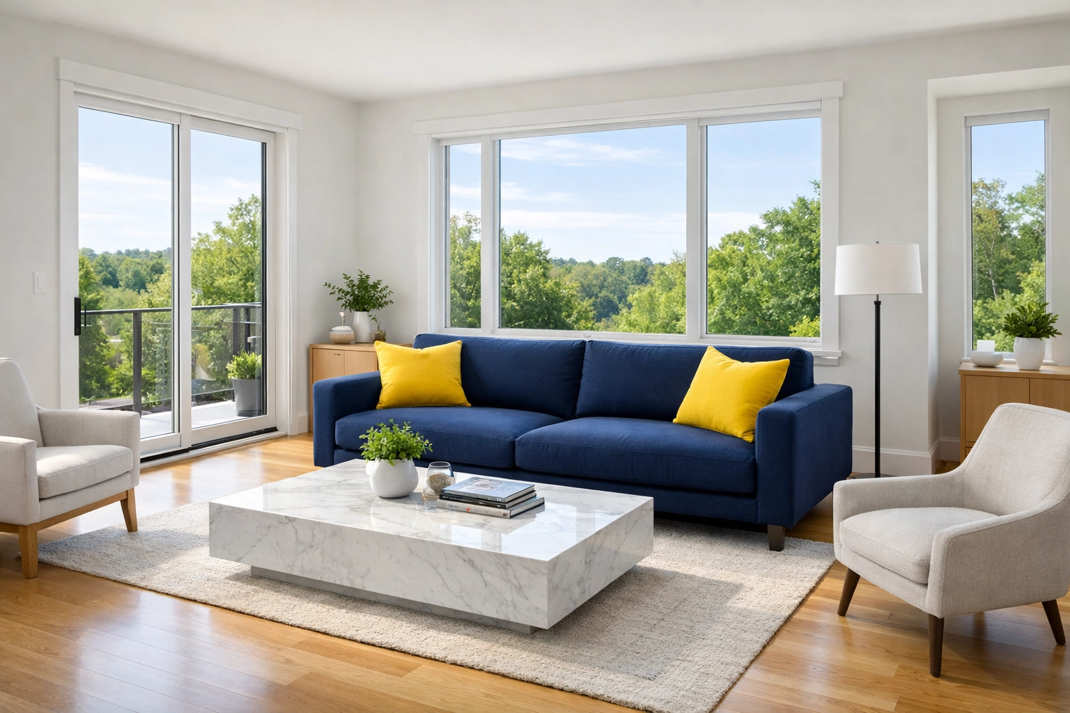 Pristine modern living room highlighting professional apartment cleaning in Maynard with polished hardwood floors.