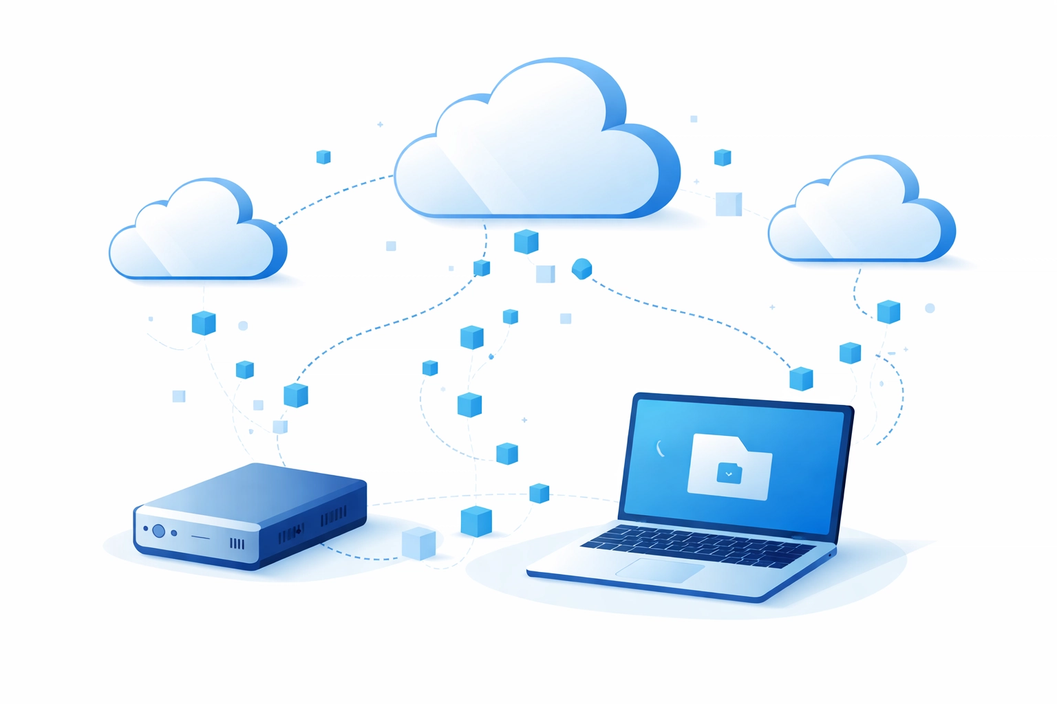 Vector showing cloud storage and hardware backups, explaining the 3-2-1 data backup method for cybersecurity resilience