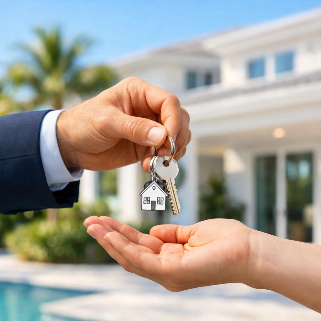 Real estate agent handing house keys to a client in front of a modern Florida home.