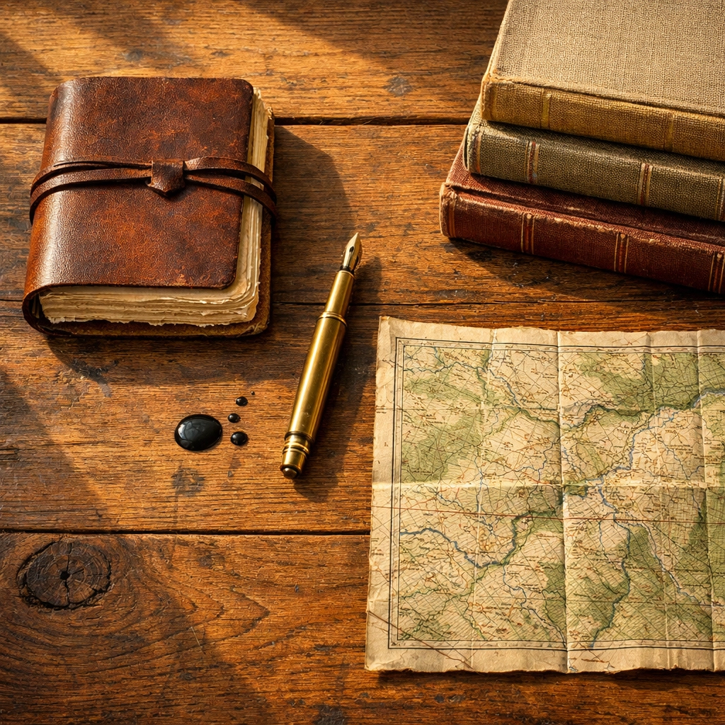Classic analog tools including a leather journal, brass pen, and physical books on a wooden desk.
