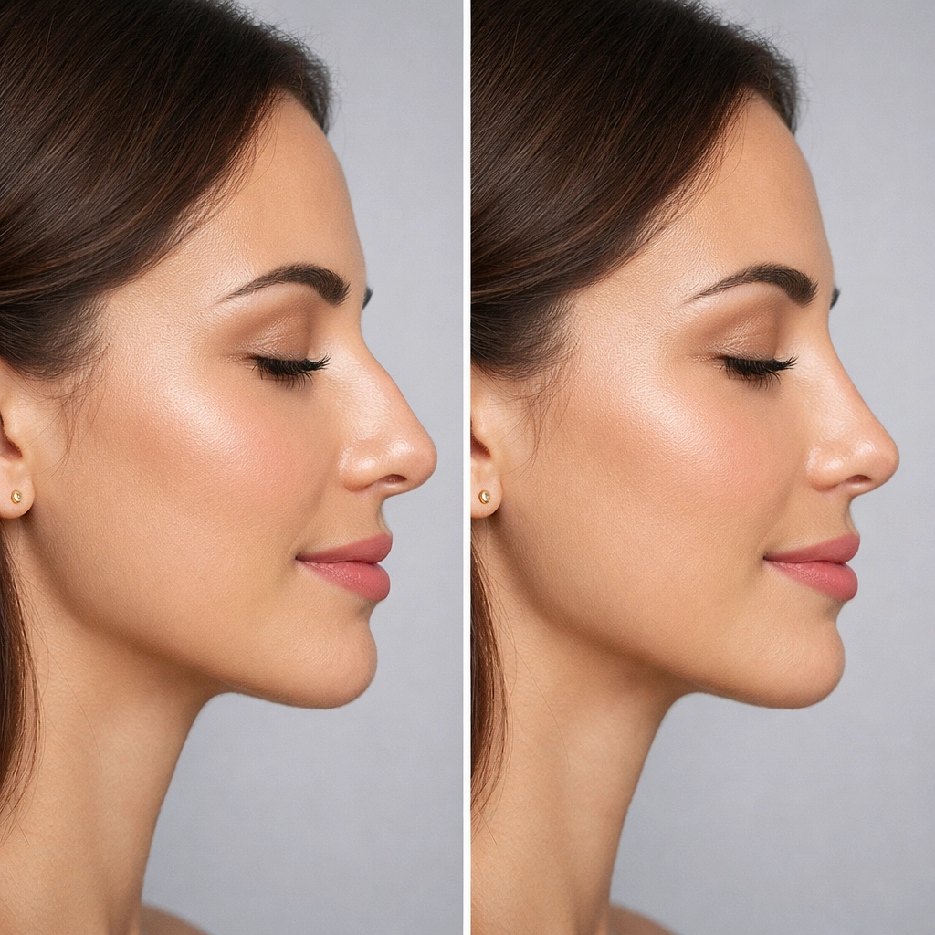 Before and after liquid rhinoplasty showing straightened nose bridge profile