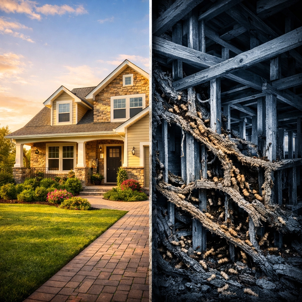 Comparison of a Westchester home exterior and hidden termite damage inside structural wood.