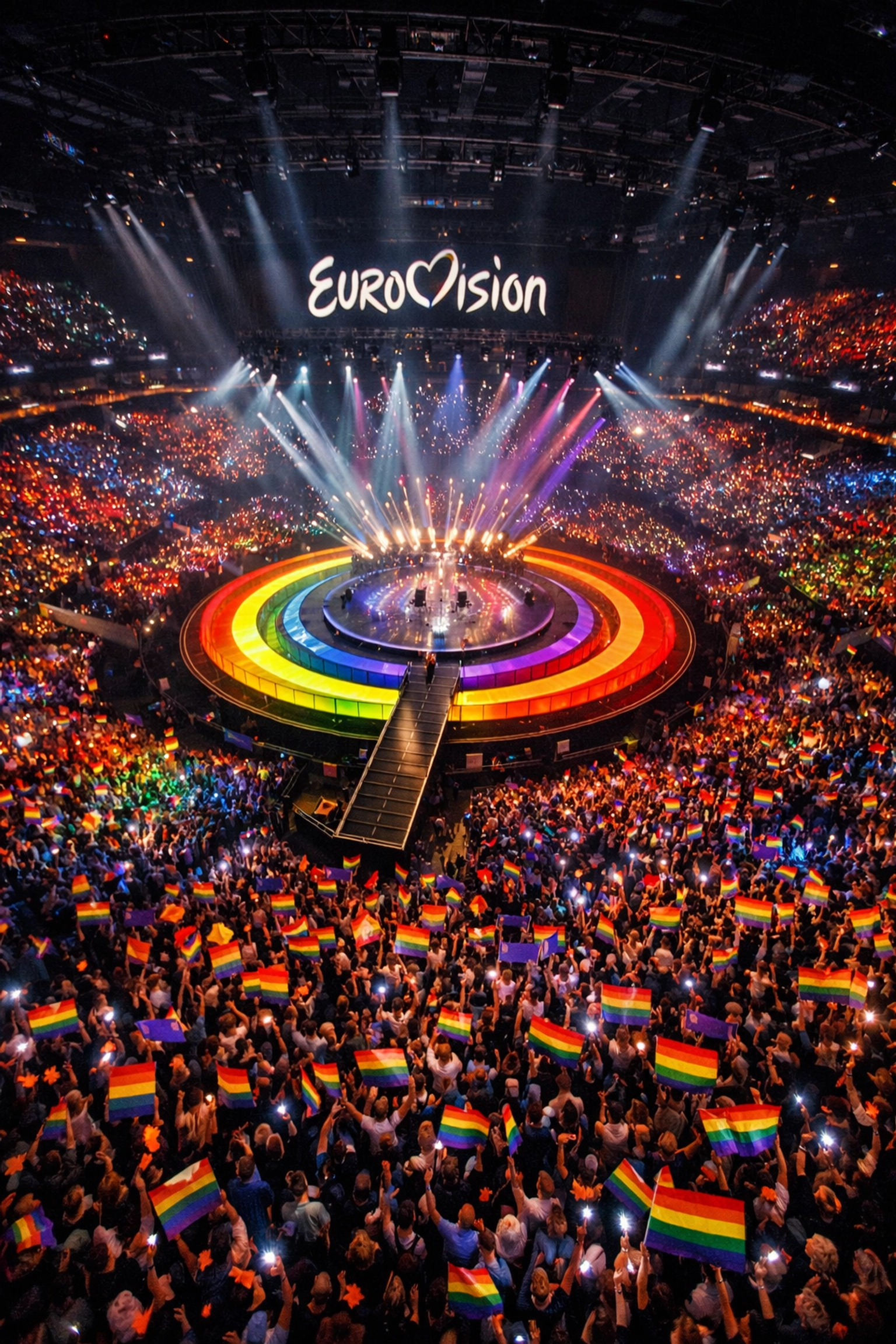 Eurovision 2006 stage illuminated with rainbow lights and LGBTQ+ audience celebrating