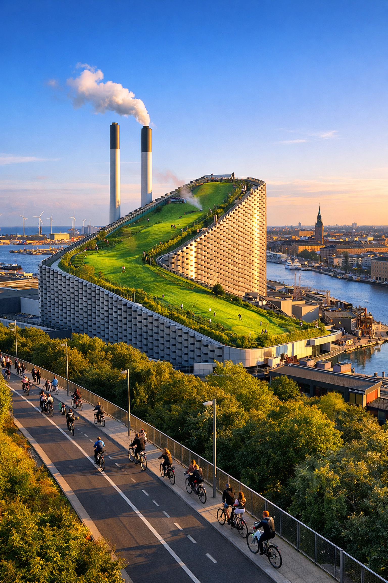 CopenHill in Copenhagen featuring a rooftop ski slope and sustainable urban infrastructure.