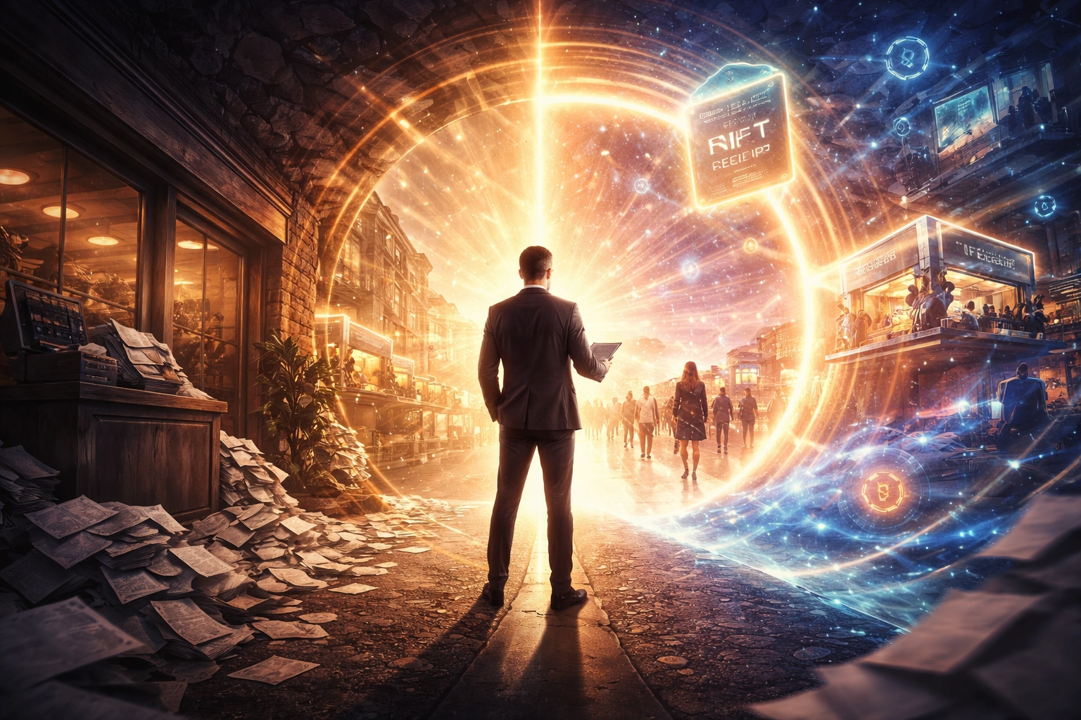 A retail business owner choosing between traditional stores and a bright metaverse future filled with NFT receipts and global shopping.