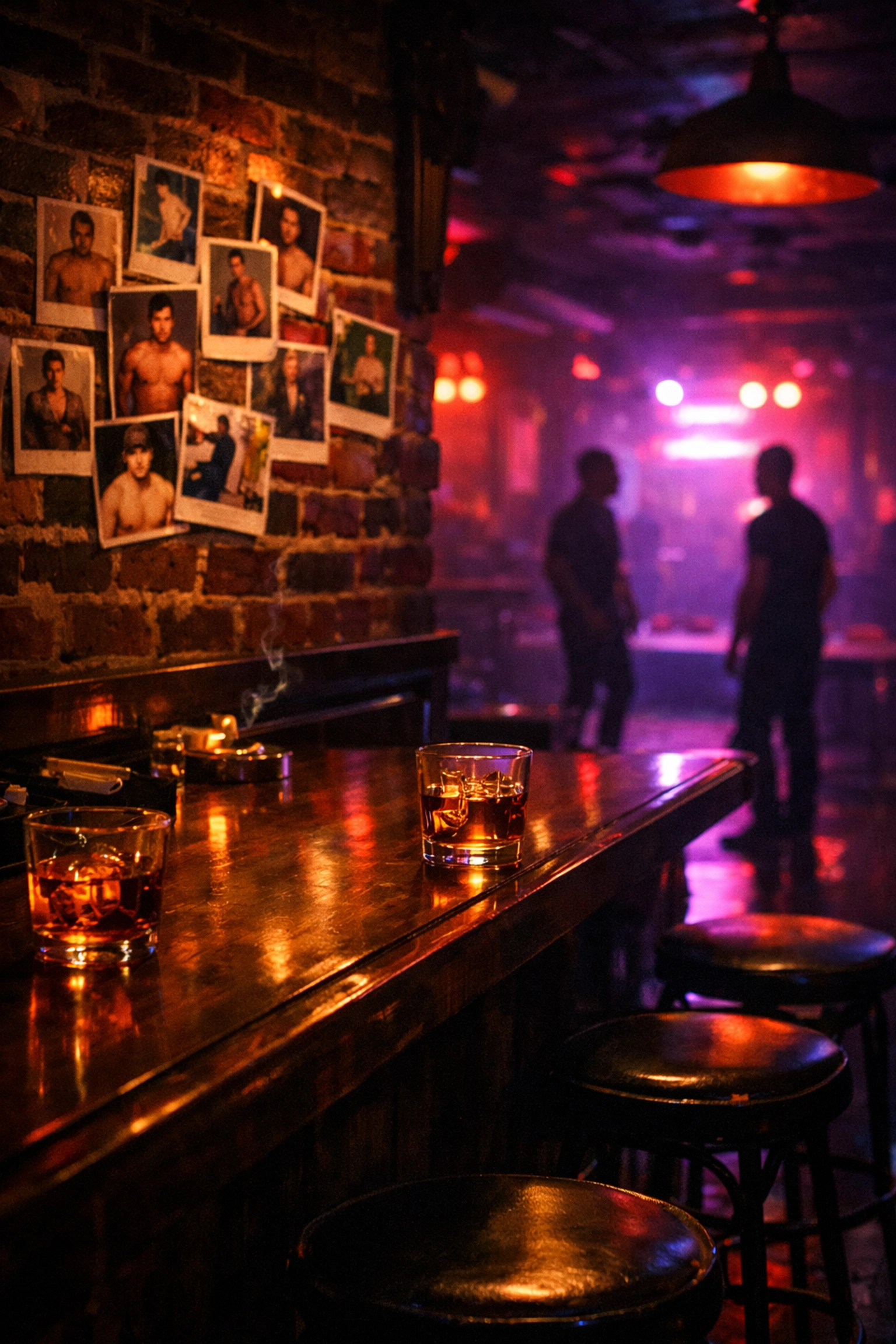 Historic gay cruising bar interior with neon lights and vintage photos - MM romance setting