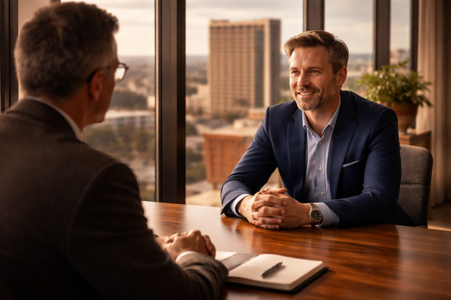 Executive and coach in modern Adelaide office discussing high-performance life coaching strategies