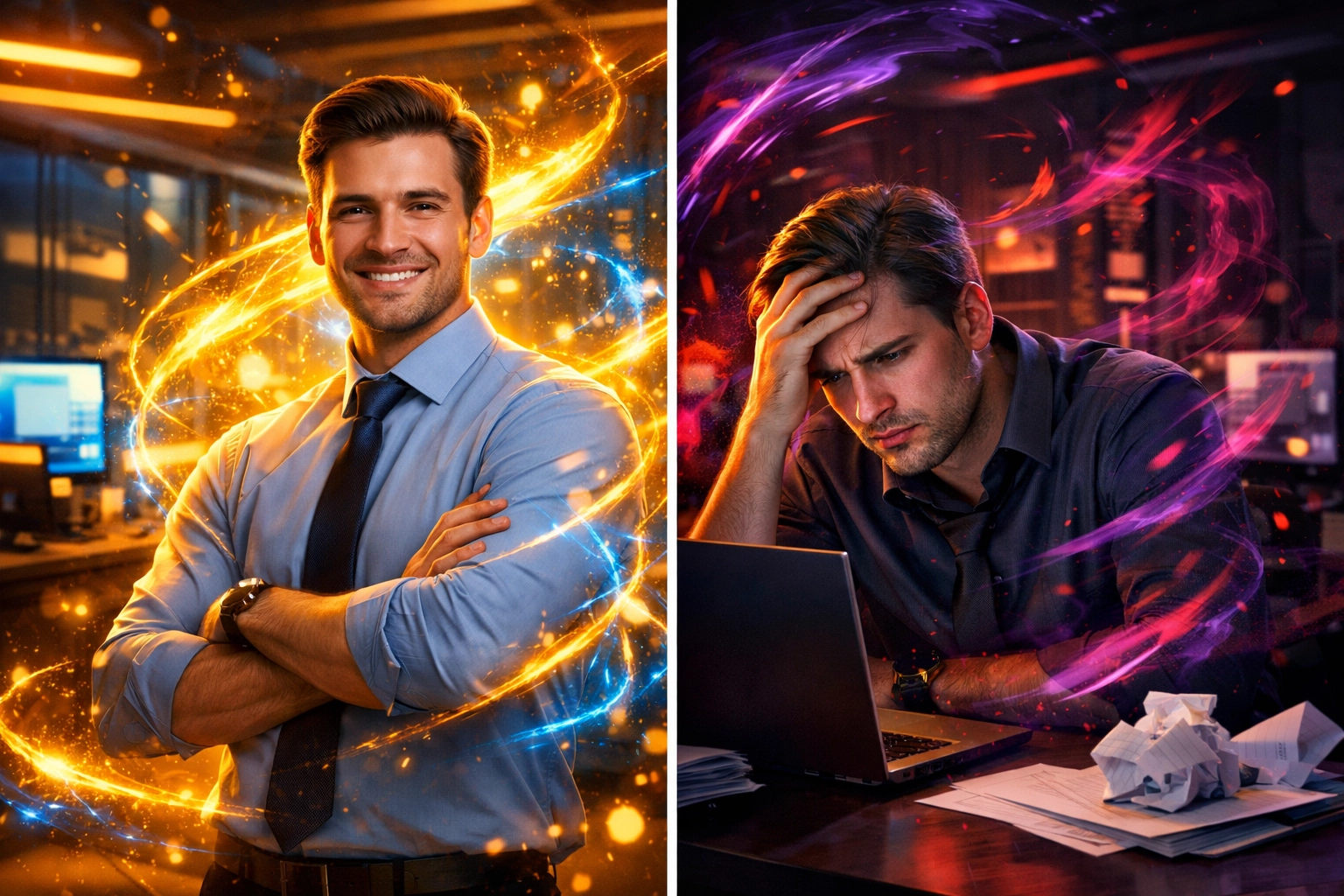 Split view showing positive and negative impacts of office romance on job performance