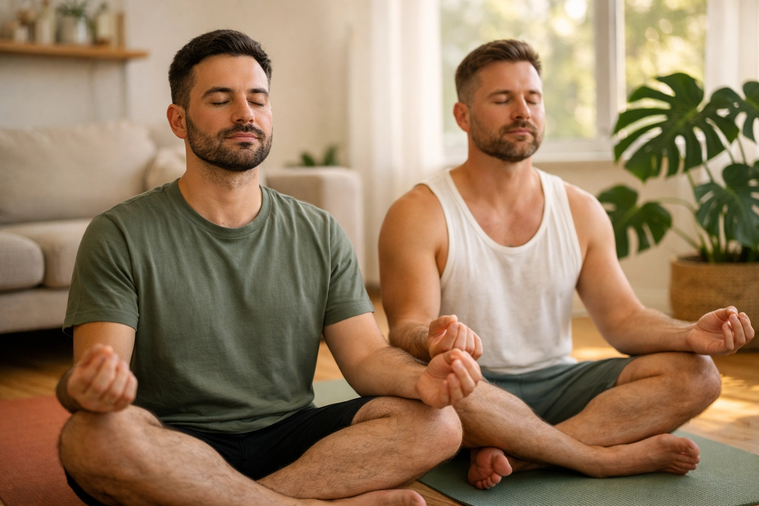 Two gay men meditating on yoga mats to support their spiritual wellness and LGBTQ+ mental health.