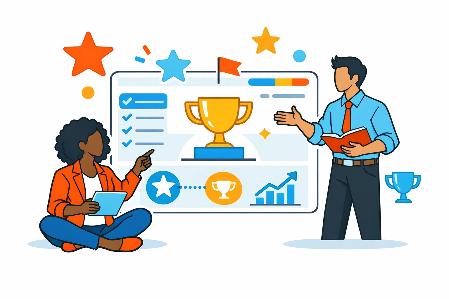 Diverse corporate team members engaging with a gamified digital training module to boost productivity.