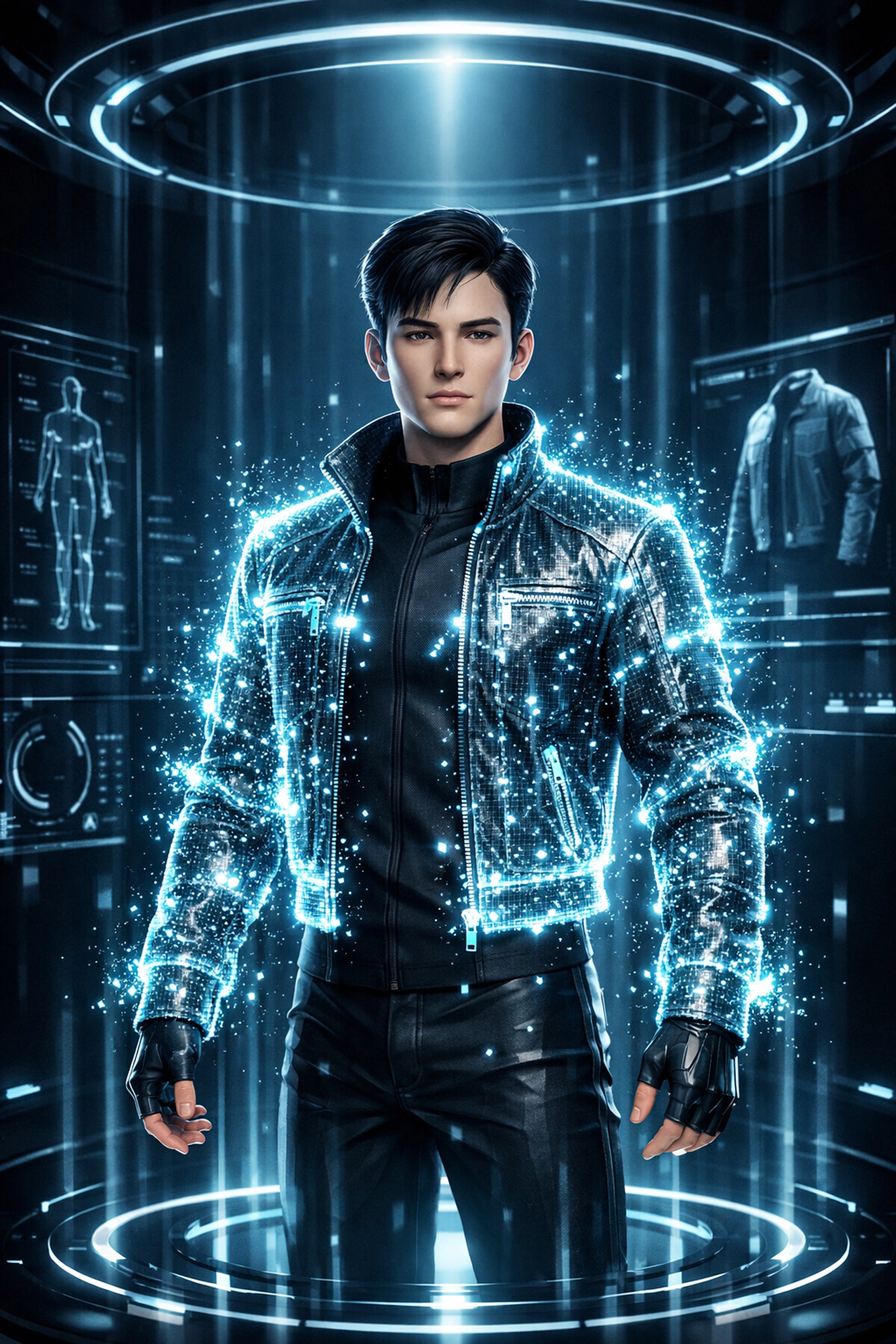 A 3D virtual fitting room showcasing a digital avatar trying on futuristic metaverse clothing.