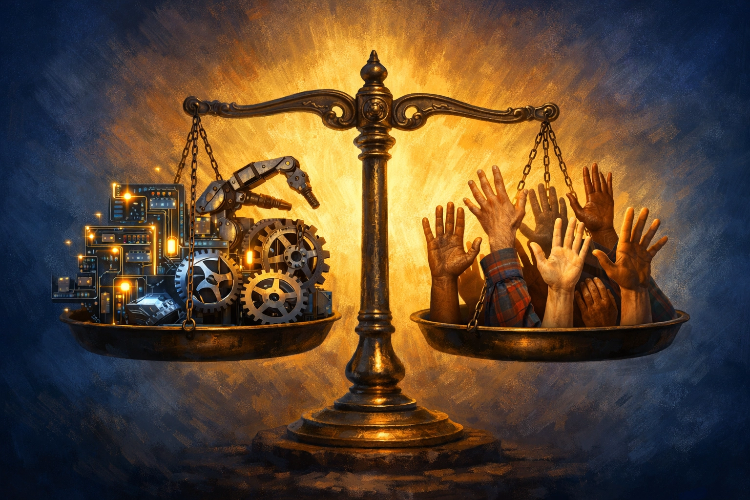 Balance scale showing tension between warehouse automation technology and worker dignity