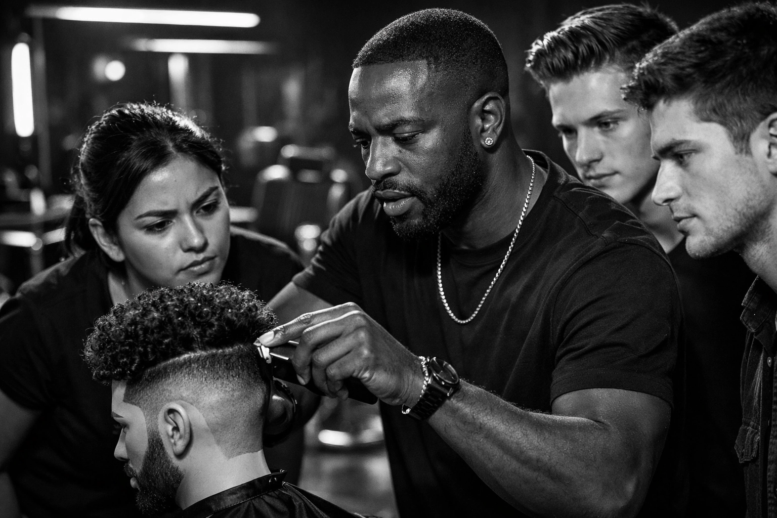 Diverse students learning professional fading techniques on textured hair at X-Quisite Cutz School of Barbering.