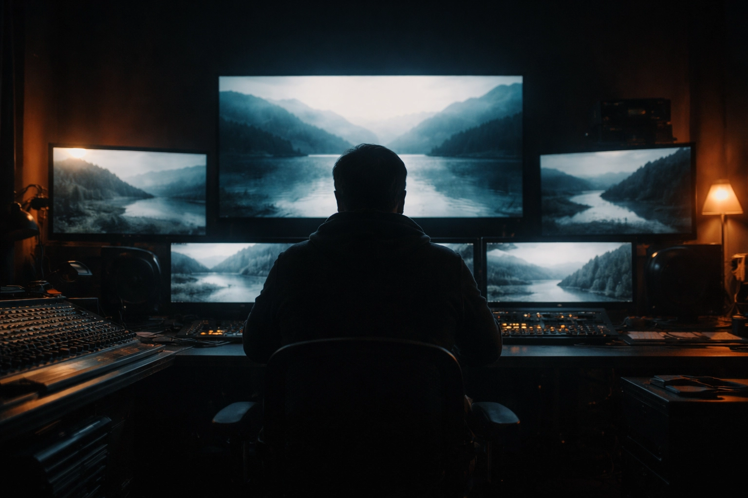 Film director reviewing footage alone in a dark editing suite, illustrating the limits of technical perfection without story