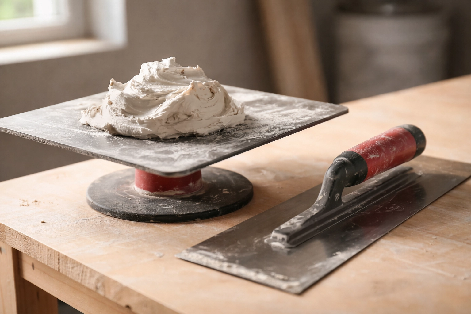 Close-up of professional drywall hawk and trowel with fresh joint compound for artisan wall finishes
