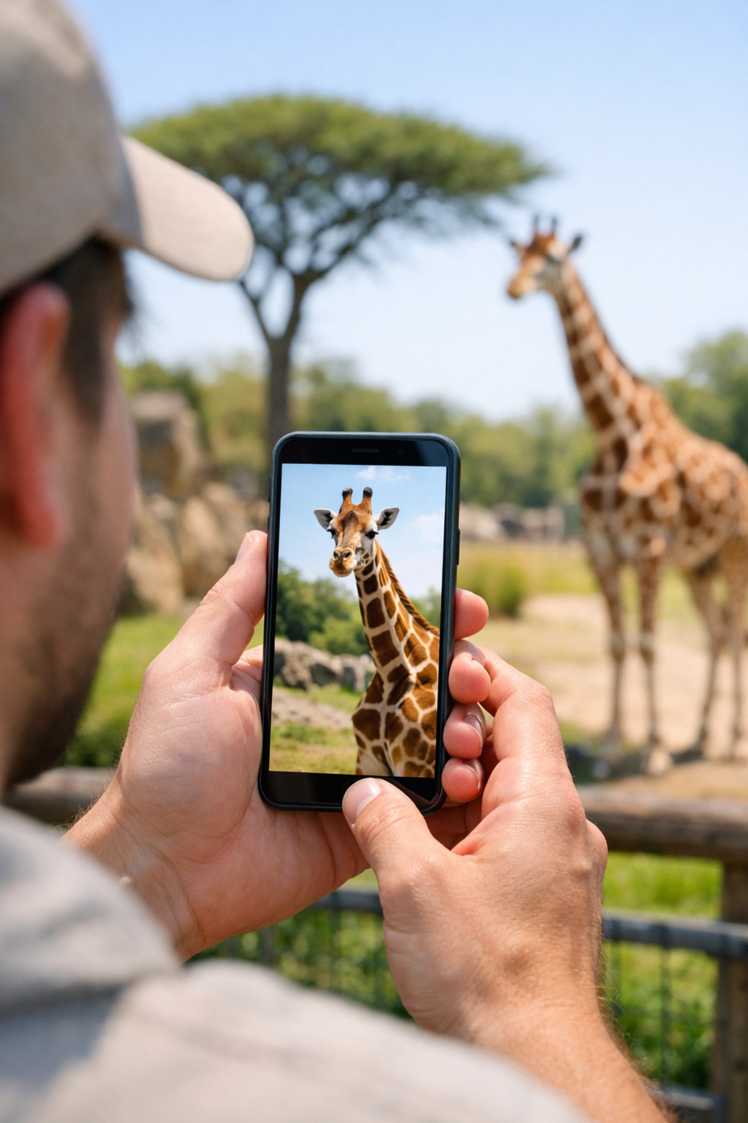 A zoo visitor uses a smartphone to view digital content of a giraffe, showcasing real-time mobile zoo marketing.