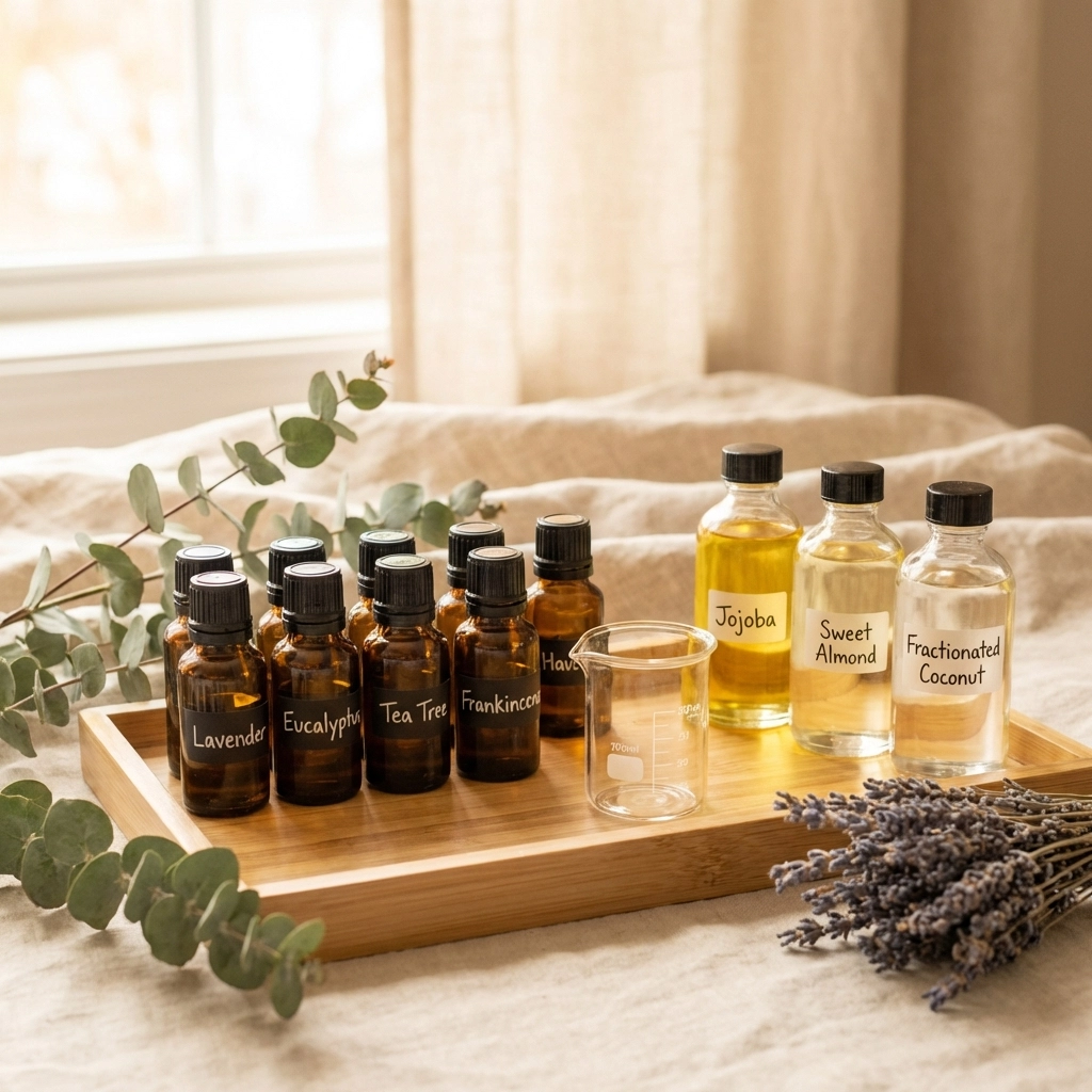 Organized station with essential oil bottles and carrier oils for step-by-step oil dilution and blending