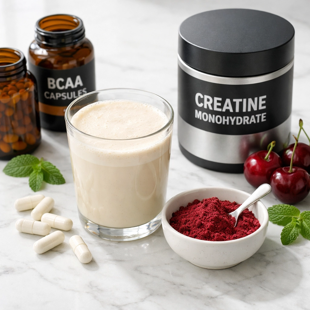 Best recovery supplements including protein shake, BCAAs, and tart cherry extract for post-workout muscle repair