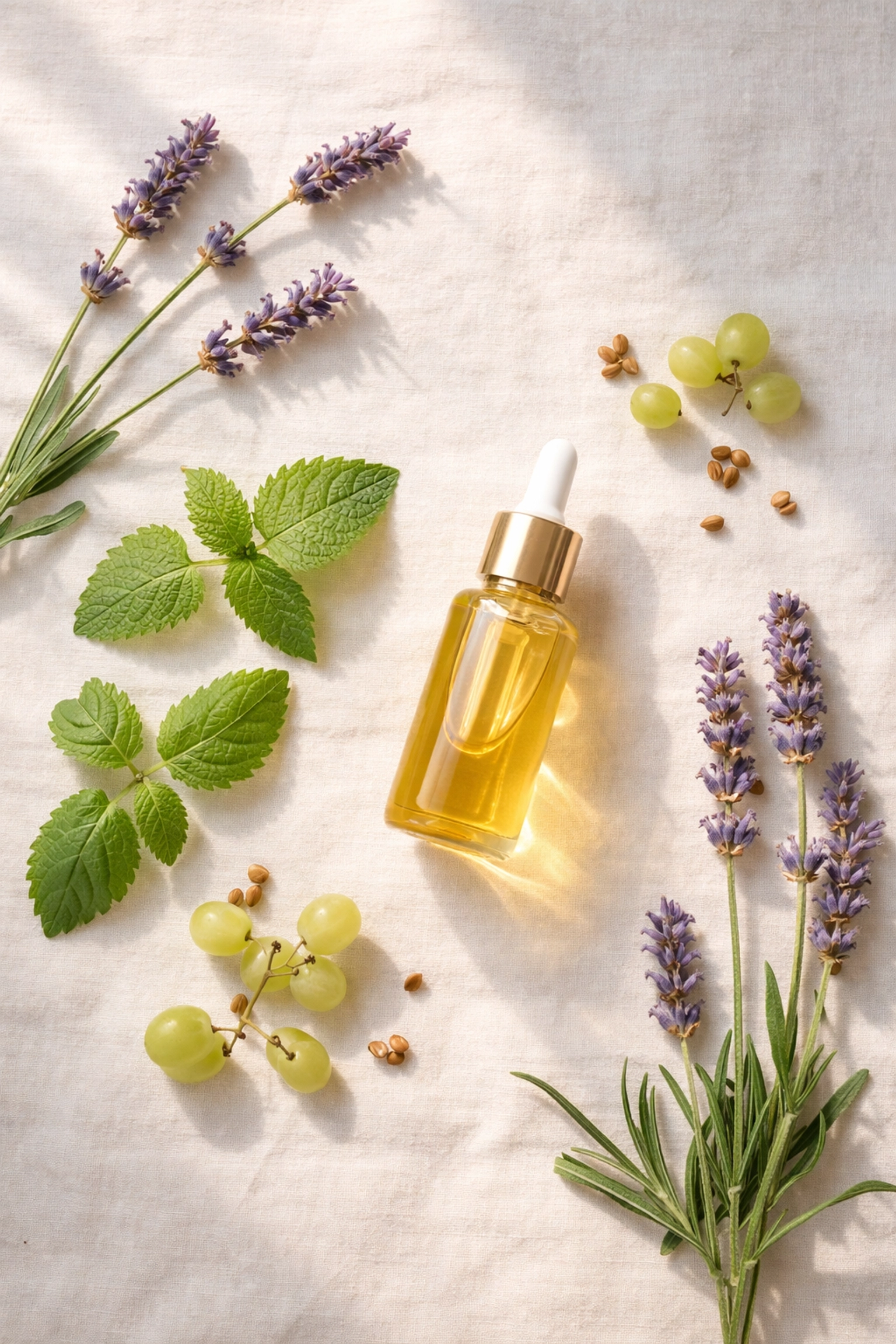 Minimalist flat lay of facial oil with lavender, lemon balm, and grapeseed, highlighting natural acne and anti-aging ingredients.