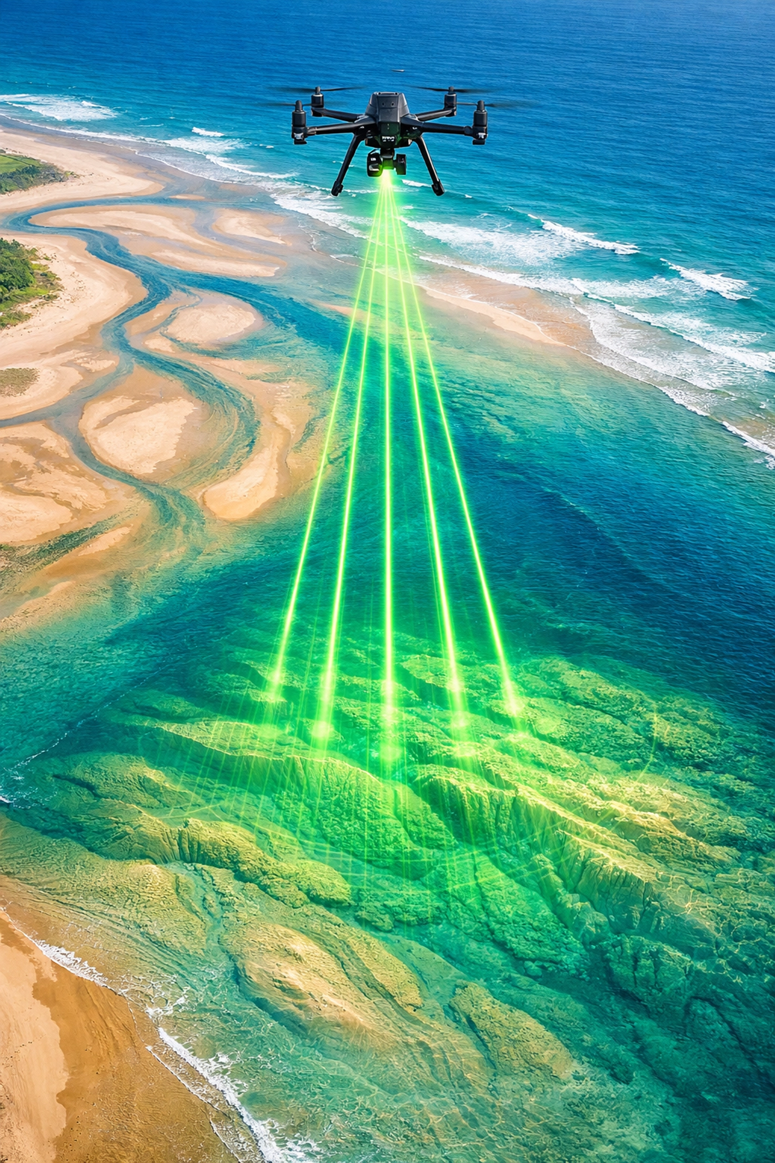 Aerial drone using bathymetric LiDAR lasers to map underwater terrain