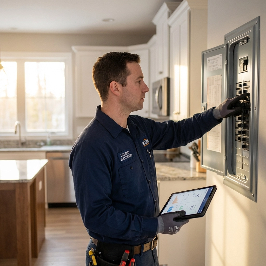 Licensed electrician in Maine using a tablet to assess electrical needs in a modern home kitchen