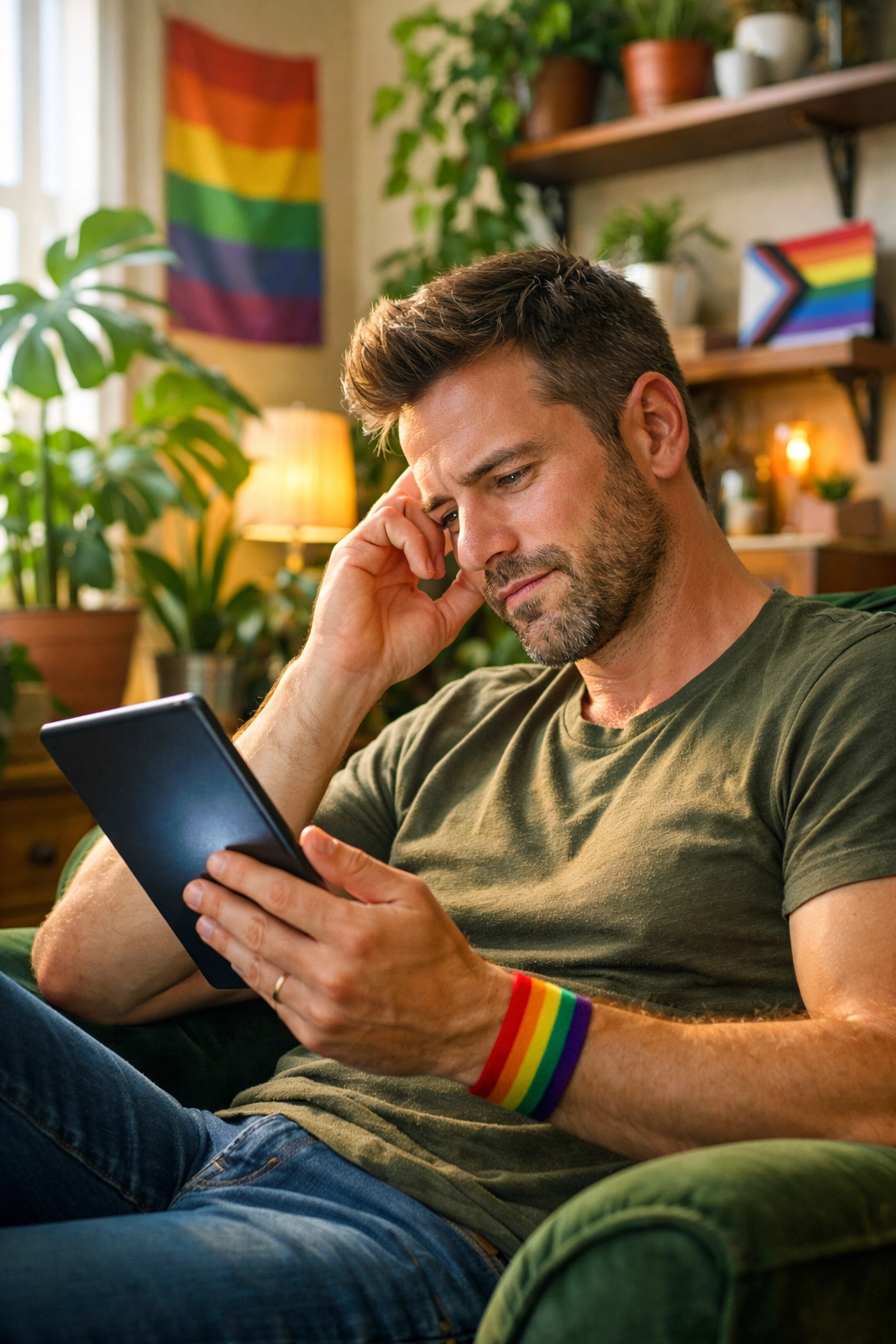 A modern man reading an LGBTQ+ eBook in 2026, celebrating the legacy of gay romance novels.