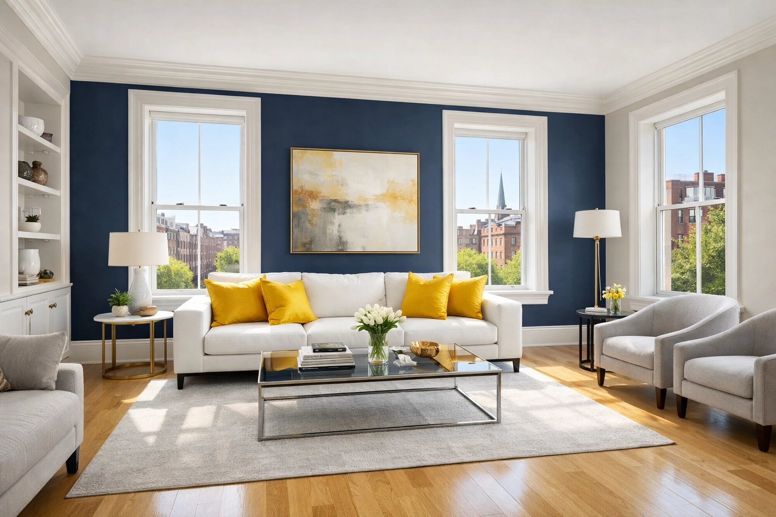 Sunlight fills a revitalized luxury living room after a professional Apartment Cleaning Massachusetts session.