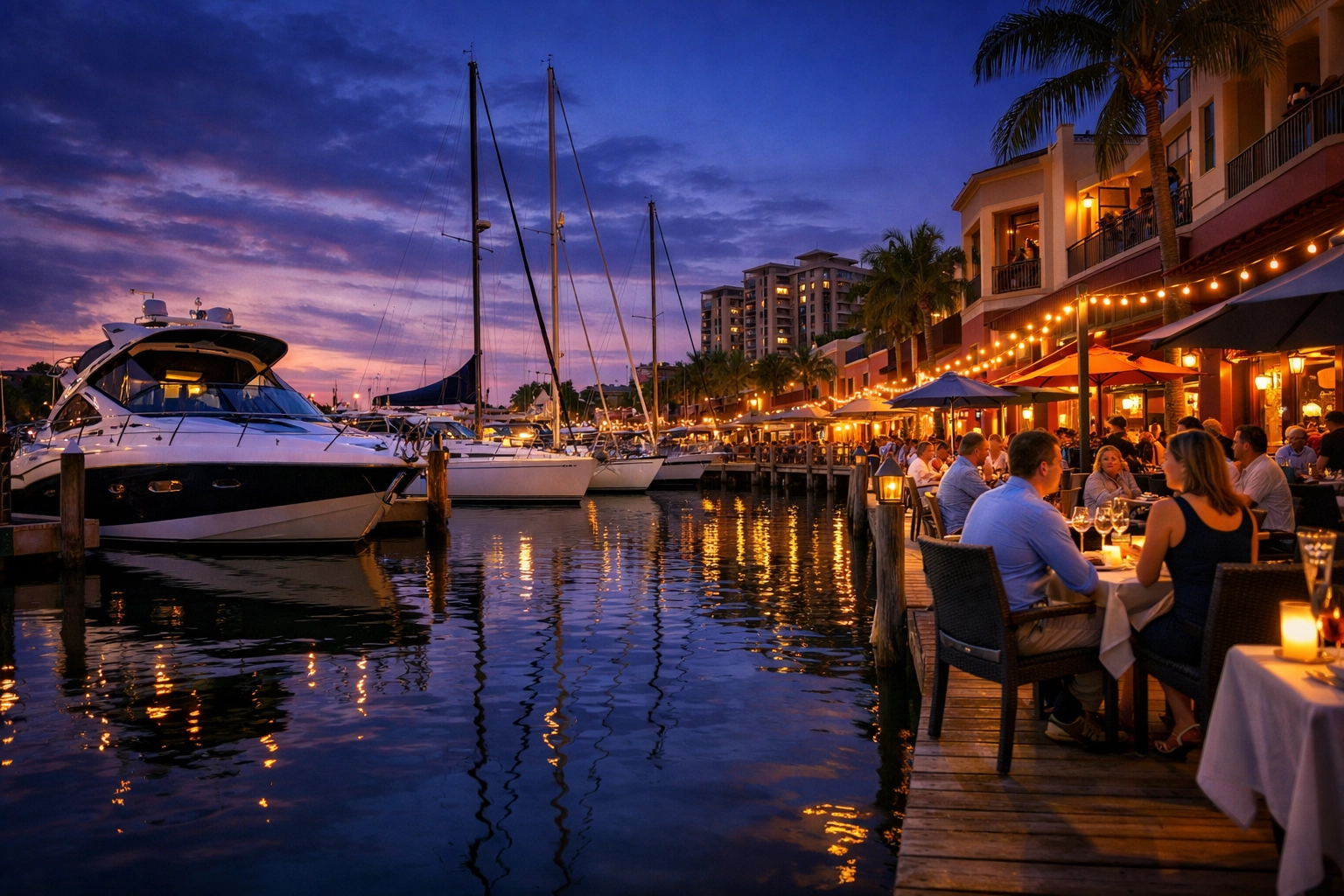 Cape Harbour marina in Cape Coral with waterfront dining and luxury yachts