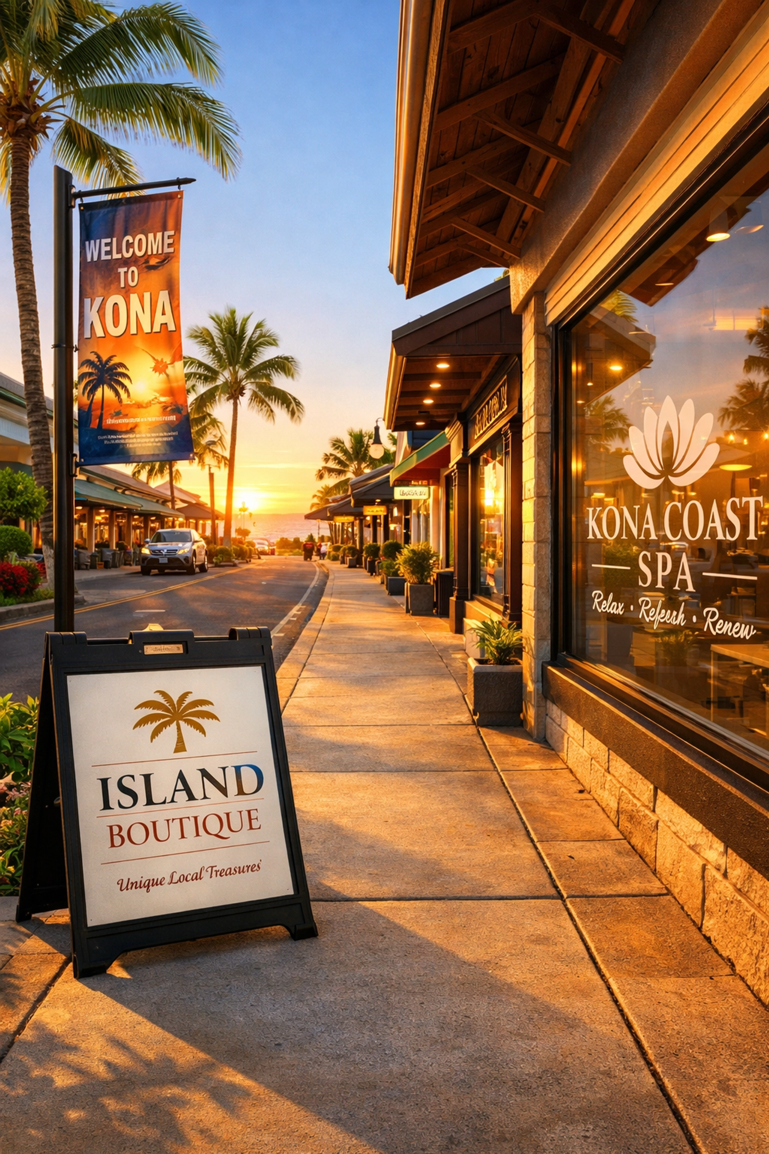 Professional local business signage including A-frames and banners on a clean Kona street.