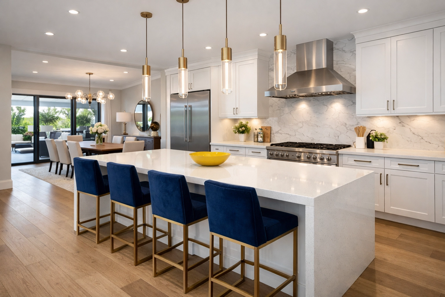 A sparkling modern kitchen island and dining area in a professionally cleaned Sterling home.