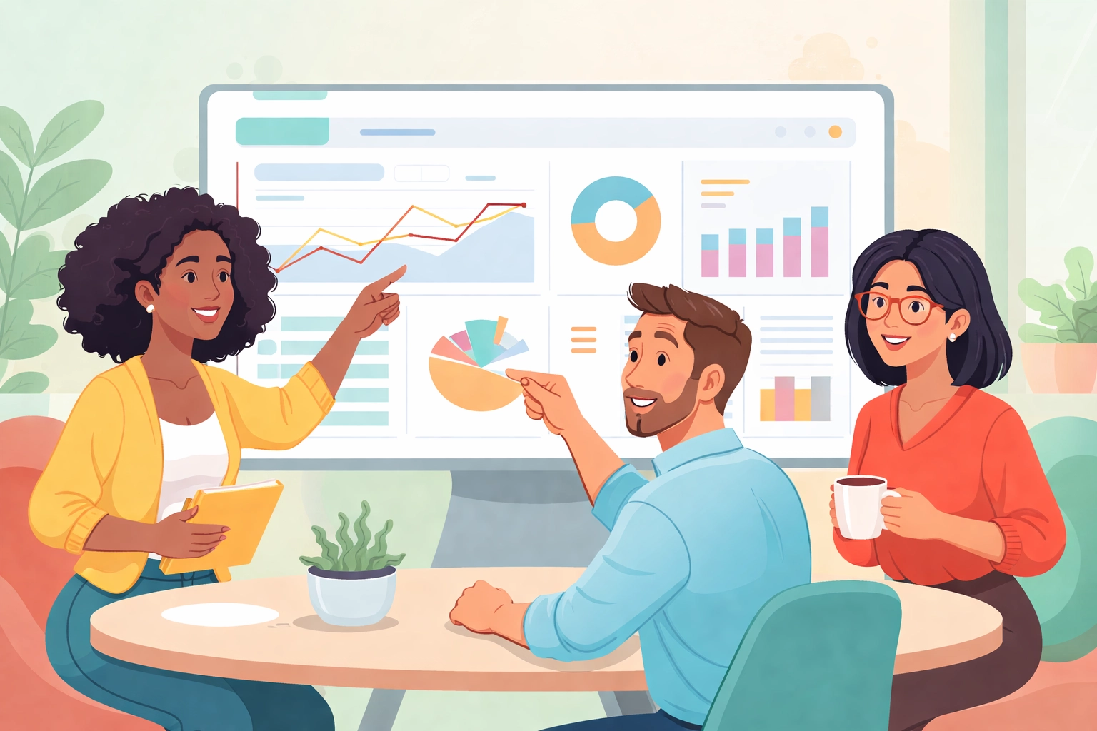 Diverse team collaborating around a single dashboard, showcasing unified business management for better HR and productivity.