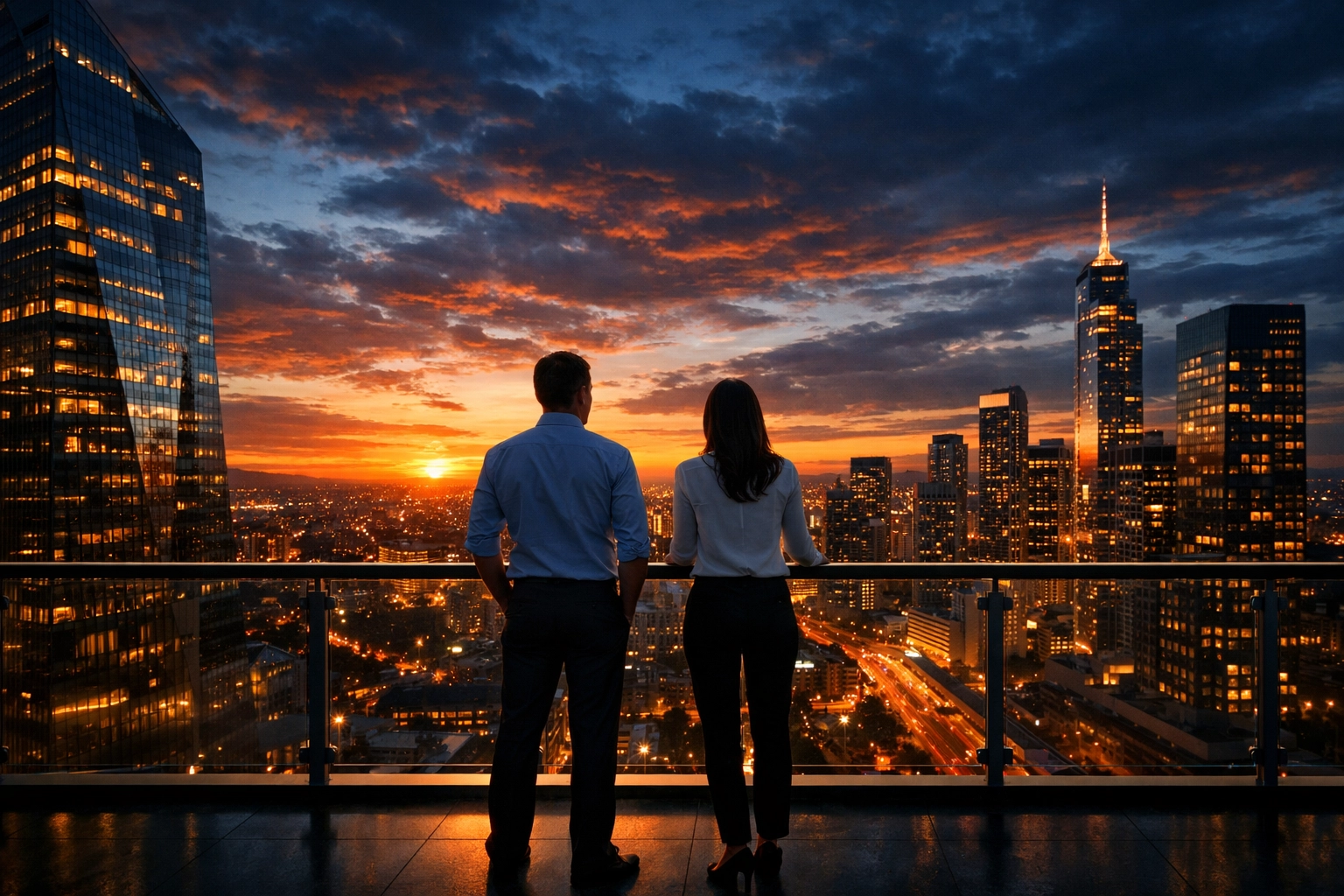 Professionals looking at a city skyline, representing the future of scaling business through sports media ventures.