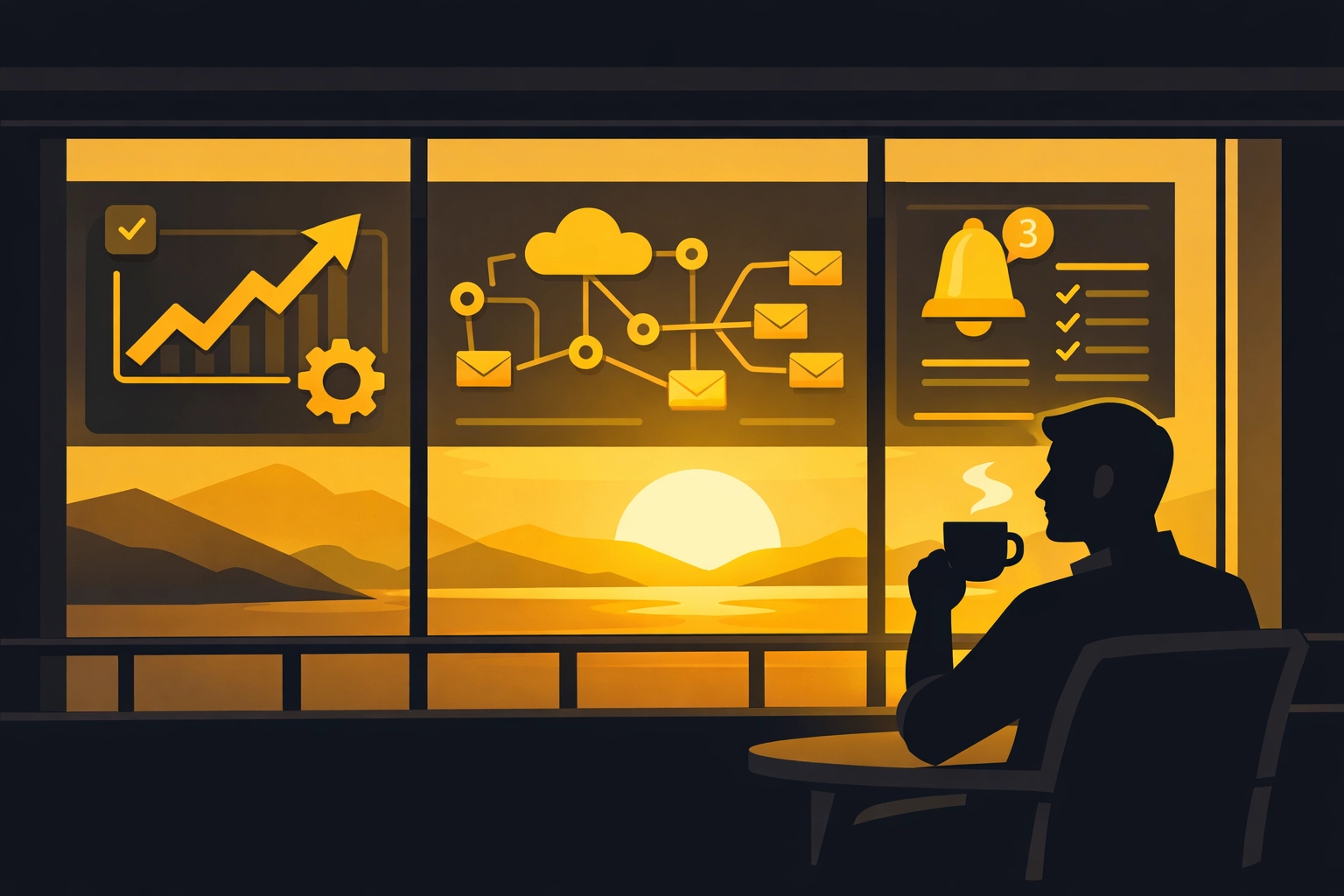 Entrepreneur enjoying morning coffee while automated business systems work in background