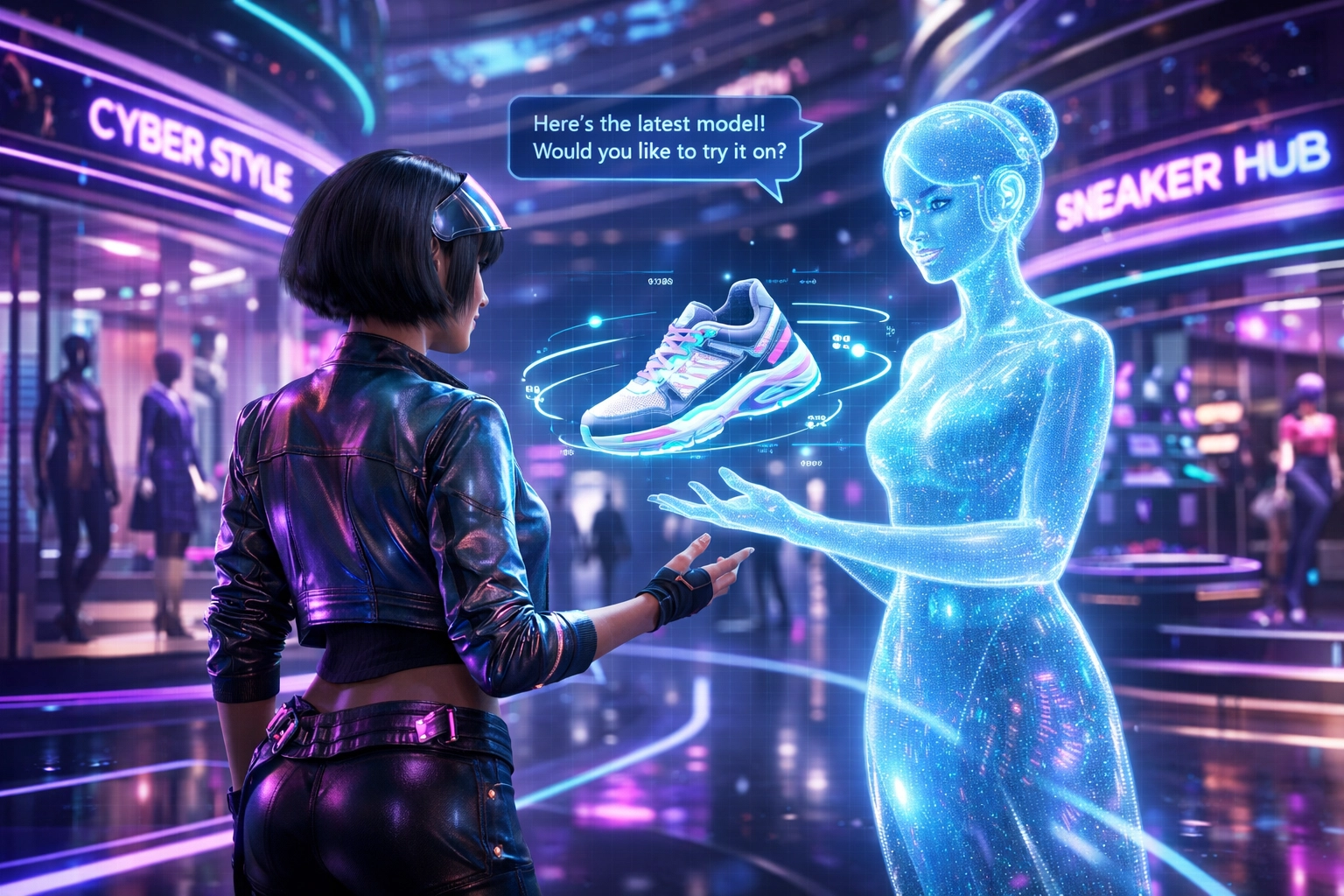 AI shopping assistant helping a digital avatar browse products in a neon-lit metaverse storefront.