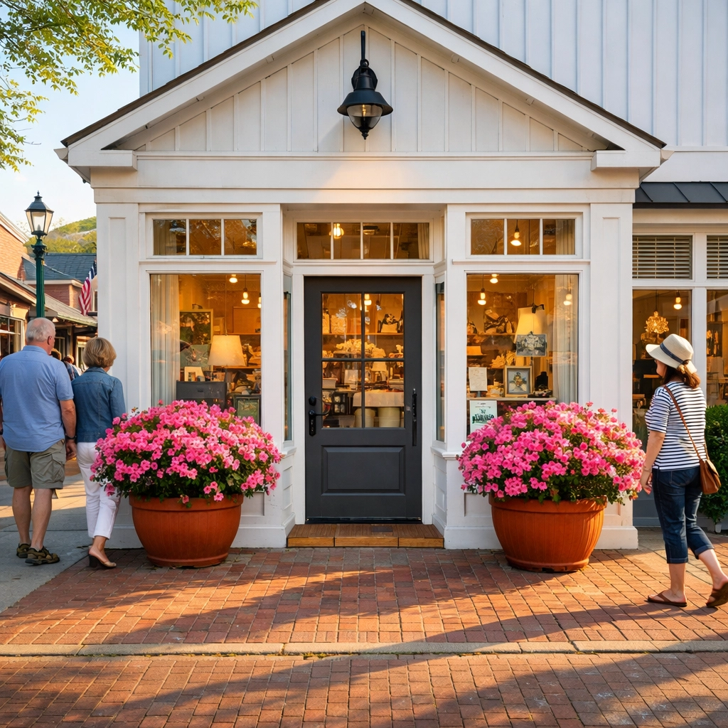 Renovated coastal North Carolina storefront with fresh paint and spring flowers ready for festival season