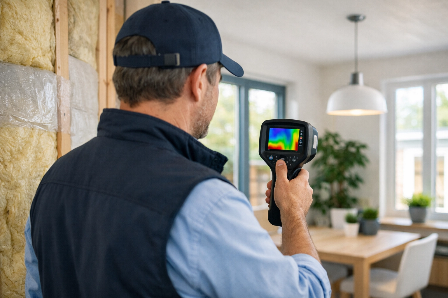 Energy auditor conducting thermal inspection of property to assess efficiency improvement opportunities
