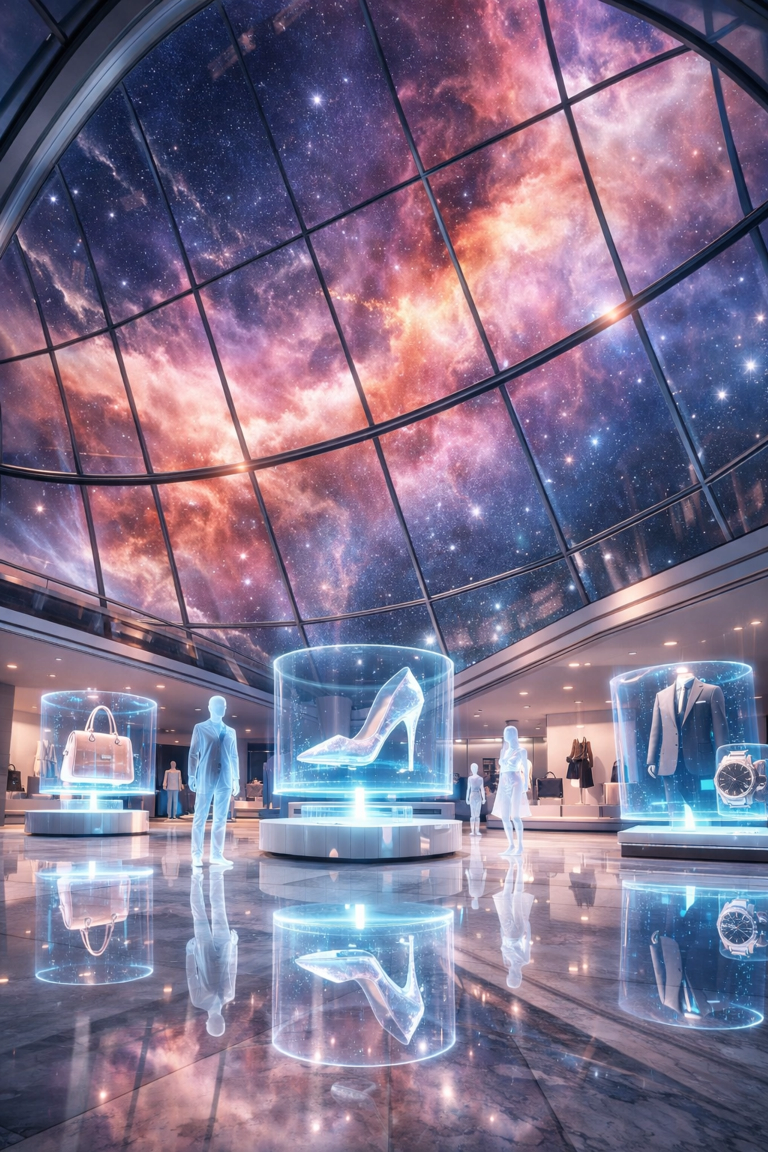 A futuristic 3D metaverse storefront showcasing AI-powered merchant analytics and immersive shopping experiences.