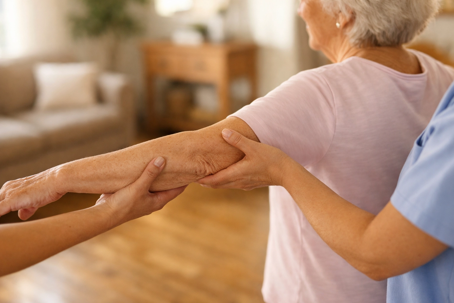 Physical therapist guiding elderly woman through balance exercises in home living room