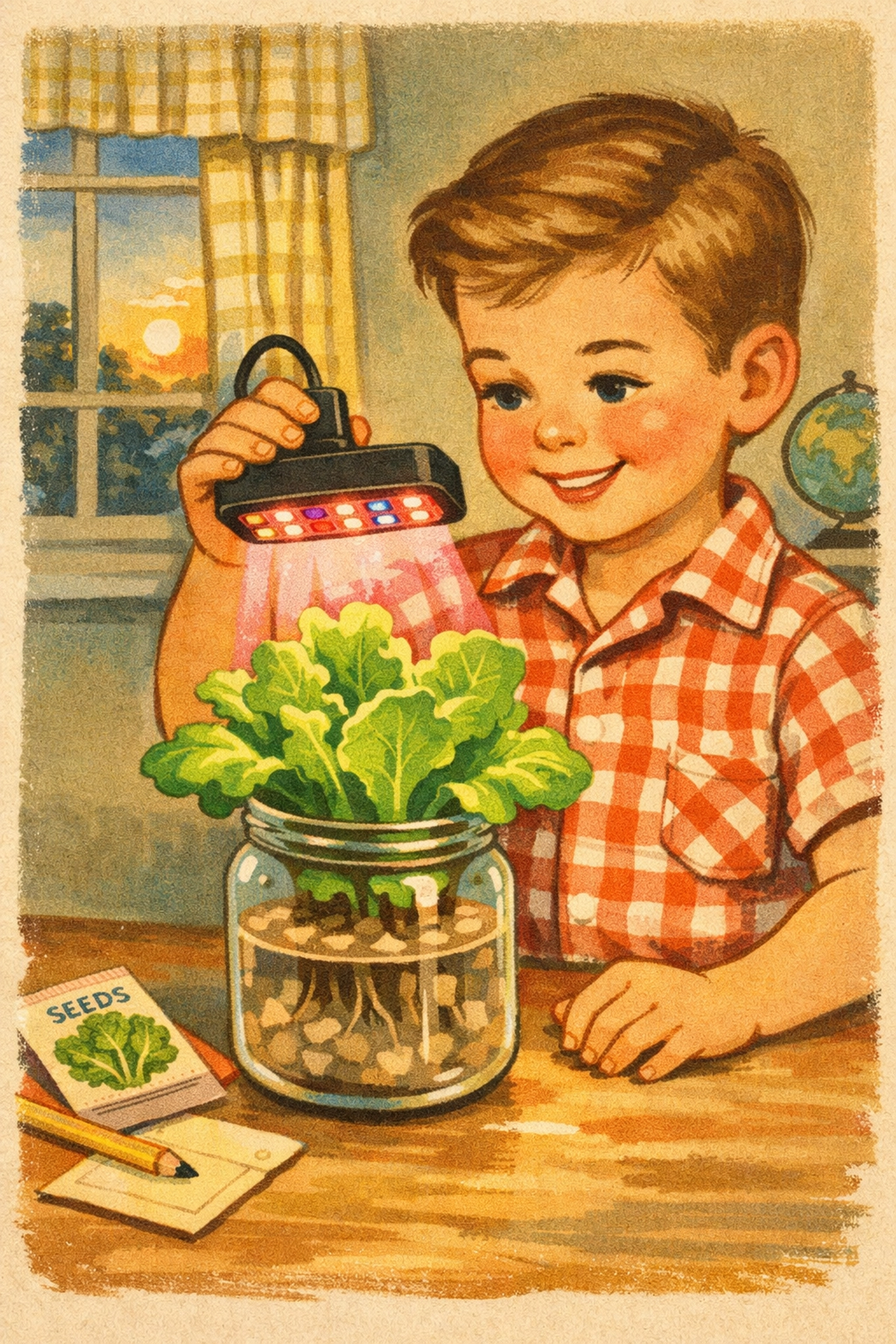 Child using LED grow light for indoor hydroponic lettuce growing