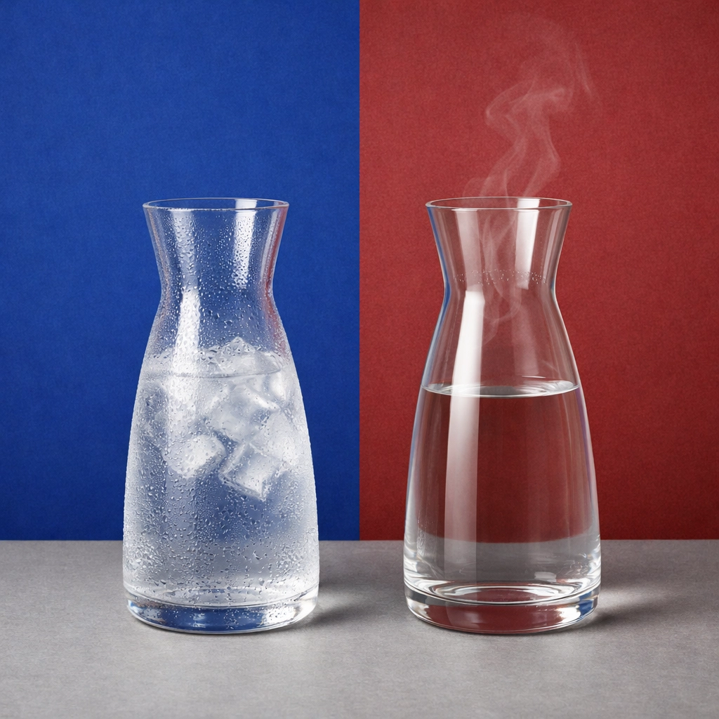 Hot and cold water carafes illustrating contrast therapy for accelerated muscle recovery.