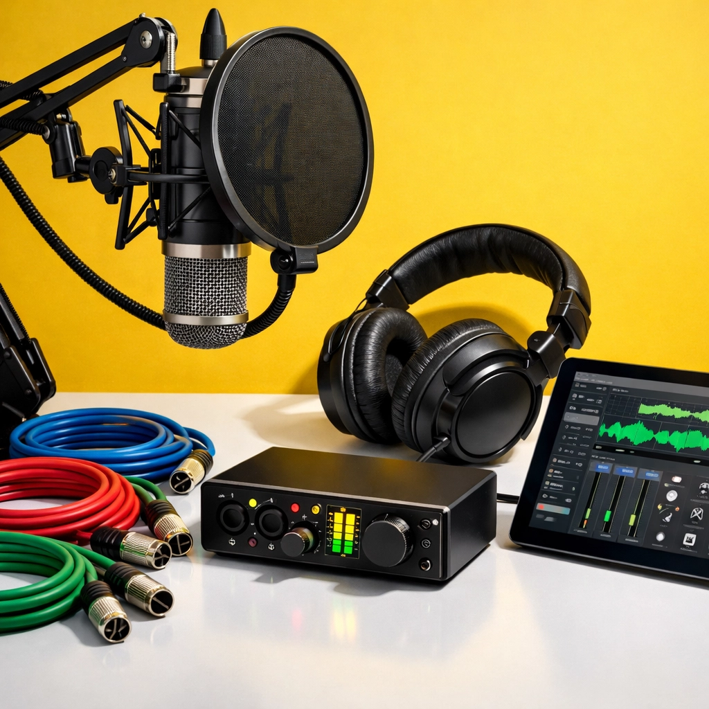 Professional radio broadcasting equipment including microphone and headphones