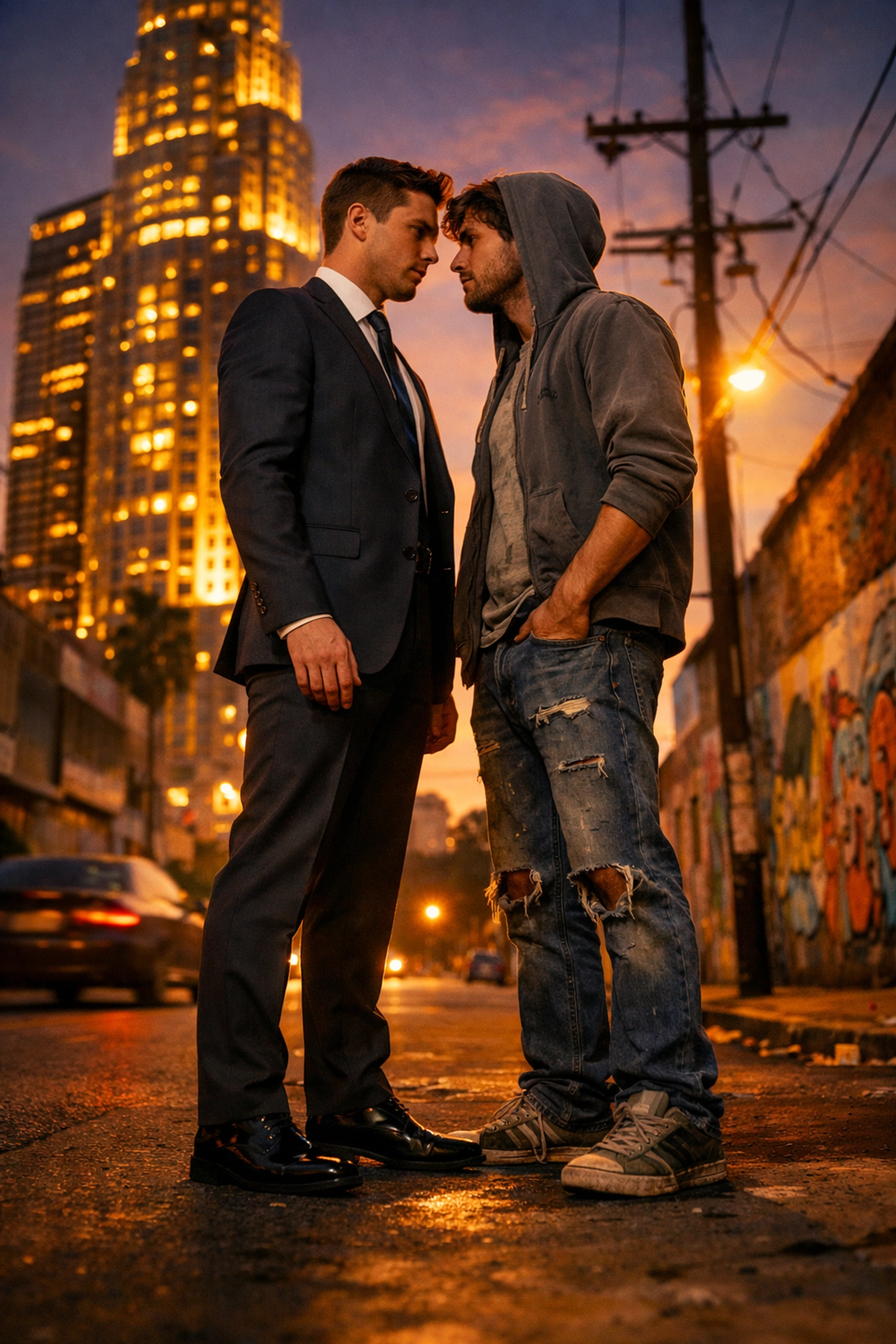 Two gay men from different social classes meeting in urban setting - MM romance class divide theme