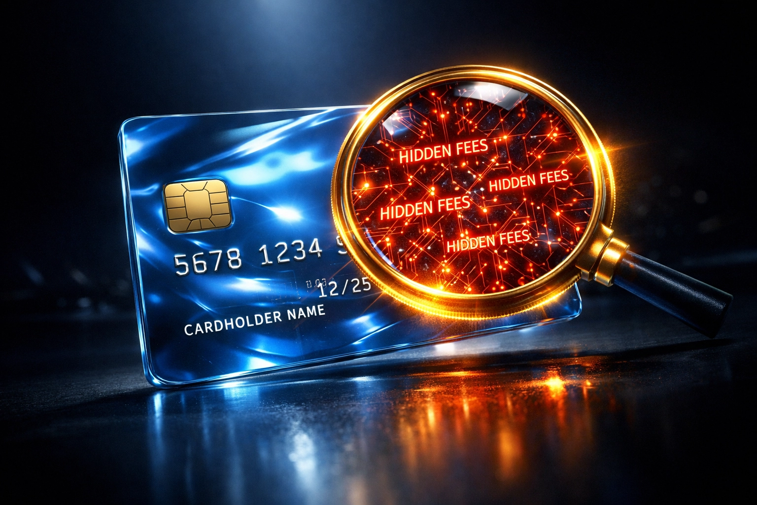 Magnifying glass exposing hidden merchant interchange fees on a digital payment card.