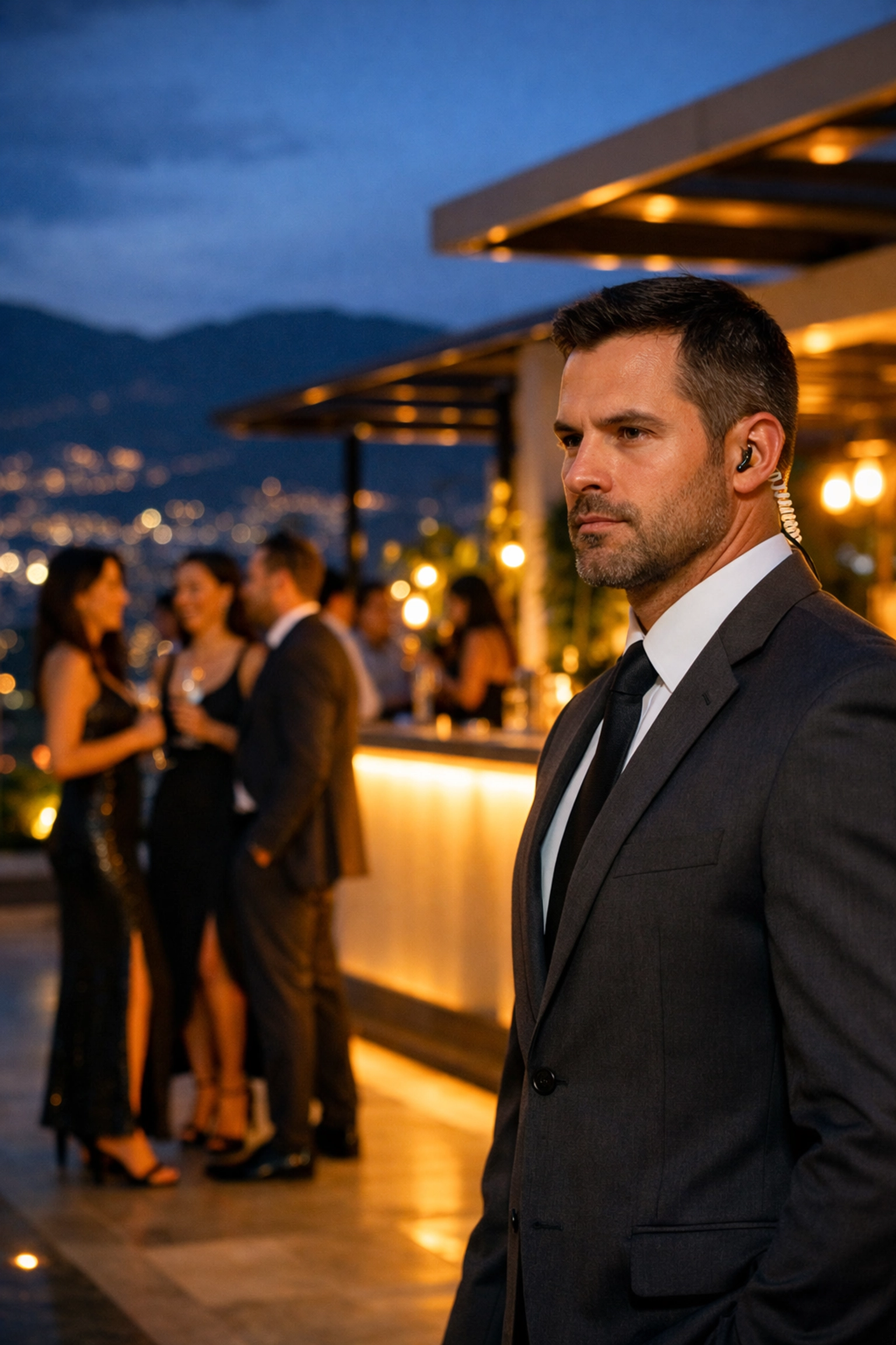 Professional 911 Medellin security operative providing discreet event security at a high-profile rooftop launch.