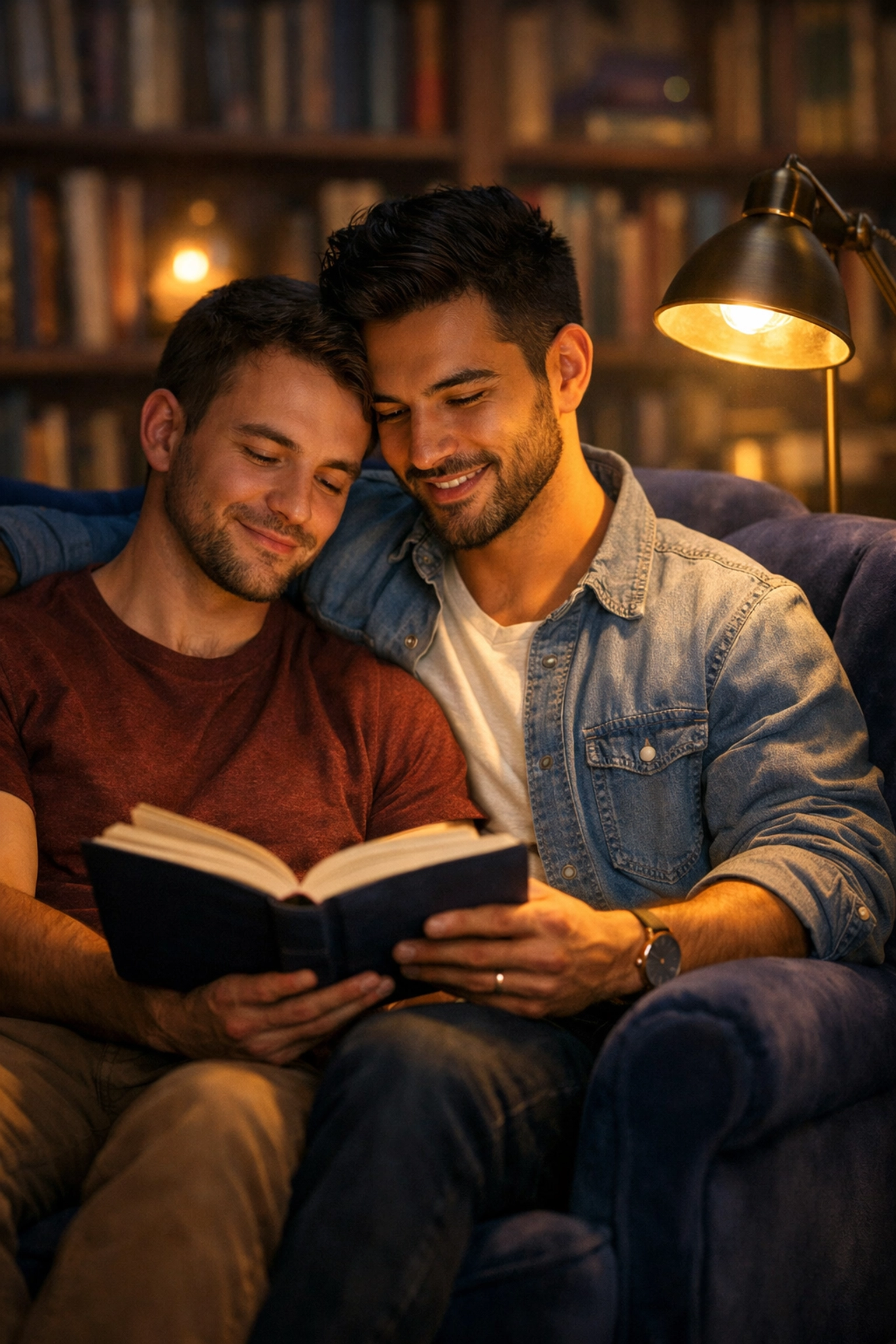 Two men sharing an intimate moment reading queer fiction to build hope and future visions.