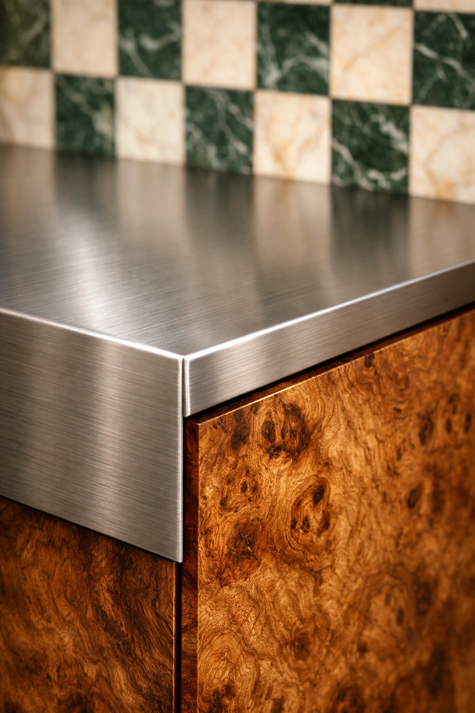 Luxury kitchen material fusion: burlwood cabinetry, stainless steel countertop, and green checkerboard marble.