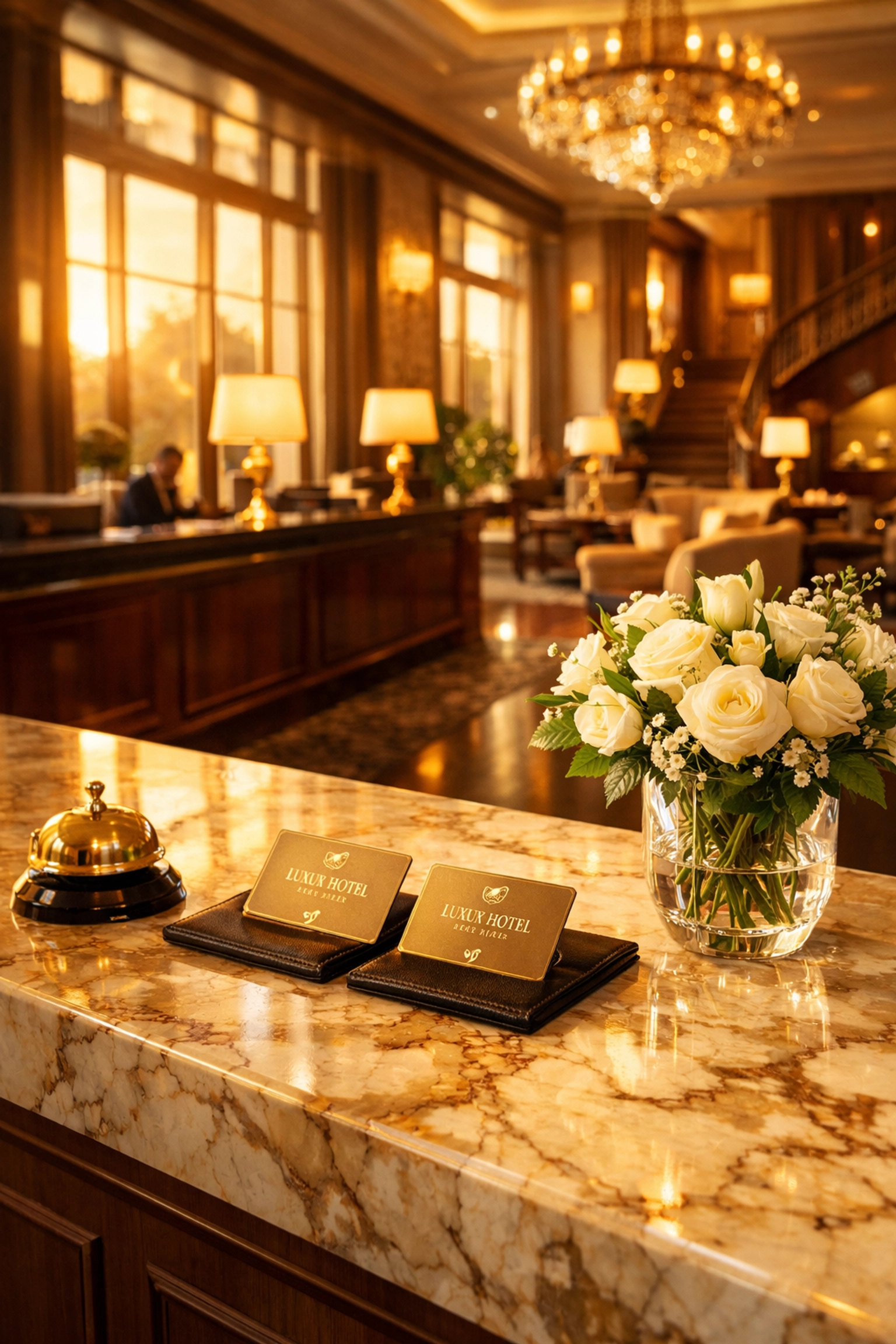 Luxury hotel lobby front desk with marble counter and elegant check-in area